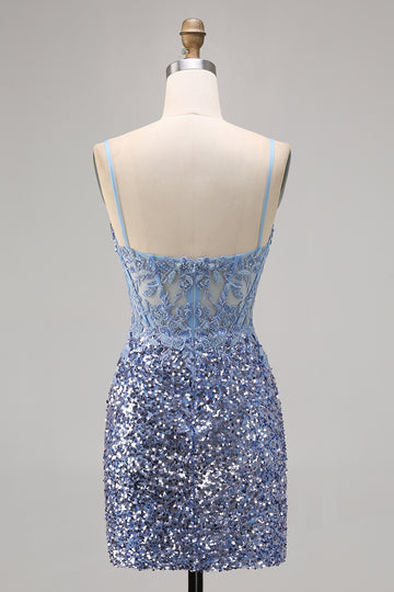 Corset Grey Blue Bodycon Sequins Homecoming Dress with Slit